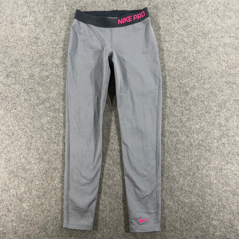 Nike Pro Womens Gray Pink Logo Training Leggings Size Medium Athletic